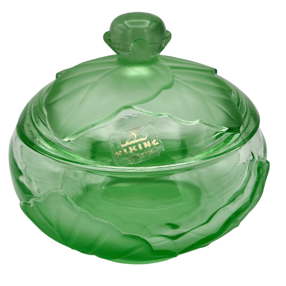 VIKING Green Satin Frost CABBAGE LEAF Glass Covered CANDY DISH Lid, Sticker MCM